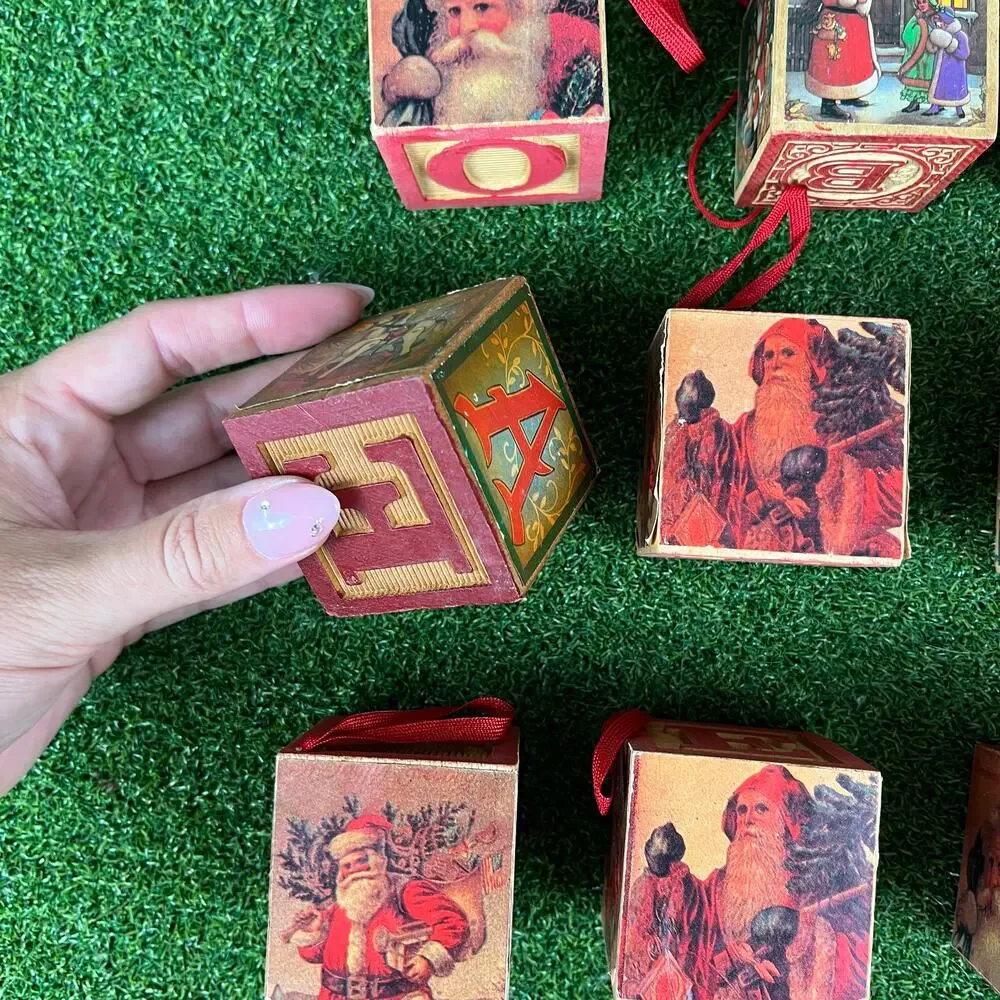 Set of 16 Vintage Wooden Alphabet and Santa Claus Christmas Block Ornaments